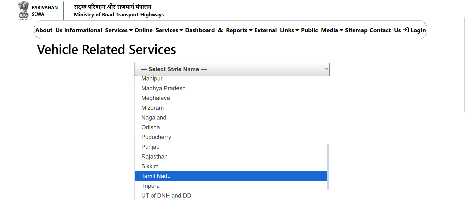 selecting state on Parivahan website