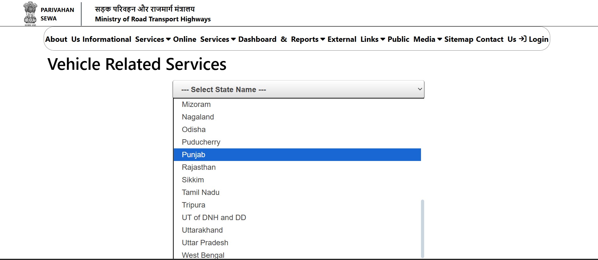 selecting state on Parivahan website Punjab