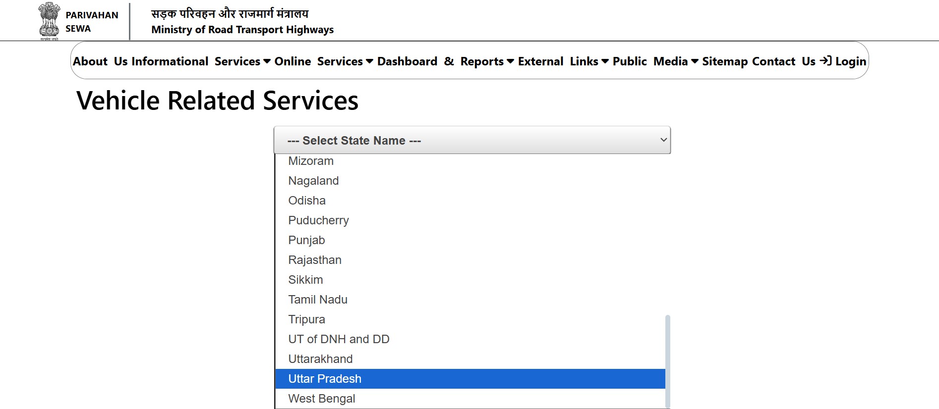 selecting state on Parivahan website