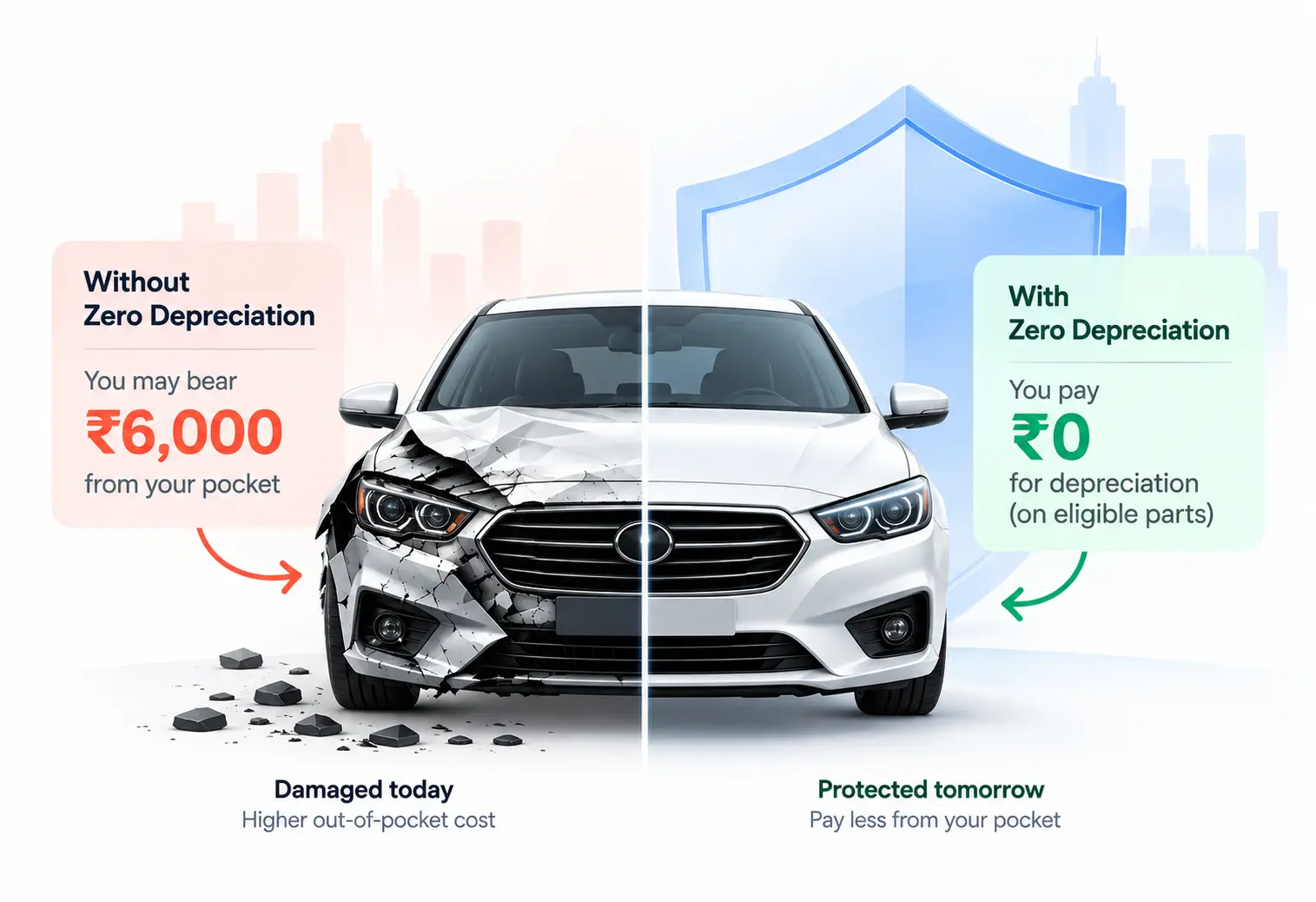 Car claim comparison: without zero depreciation you may bear ₹6,000; with zero depreciation you pay ₹0 for depreciation on eligible parts