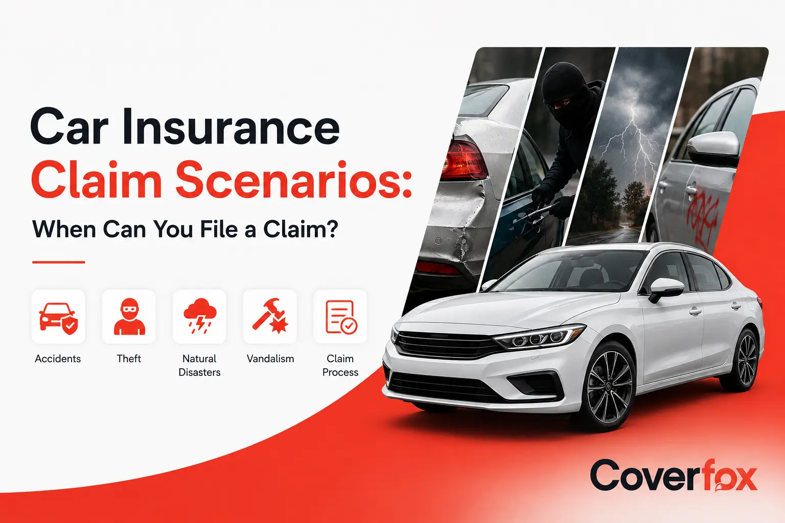 Common car insurance claim scenarios including accident damage, car theft, natural disasters, vandalism, and the claims process.