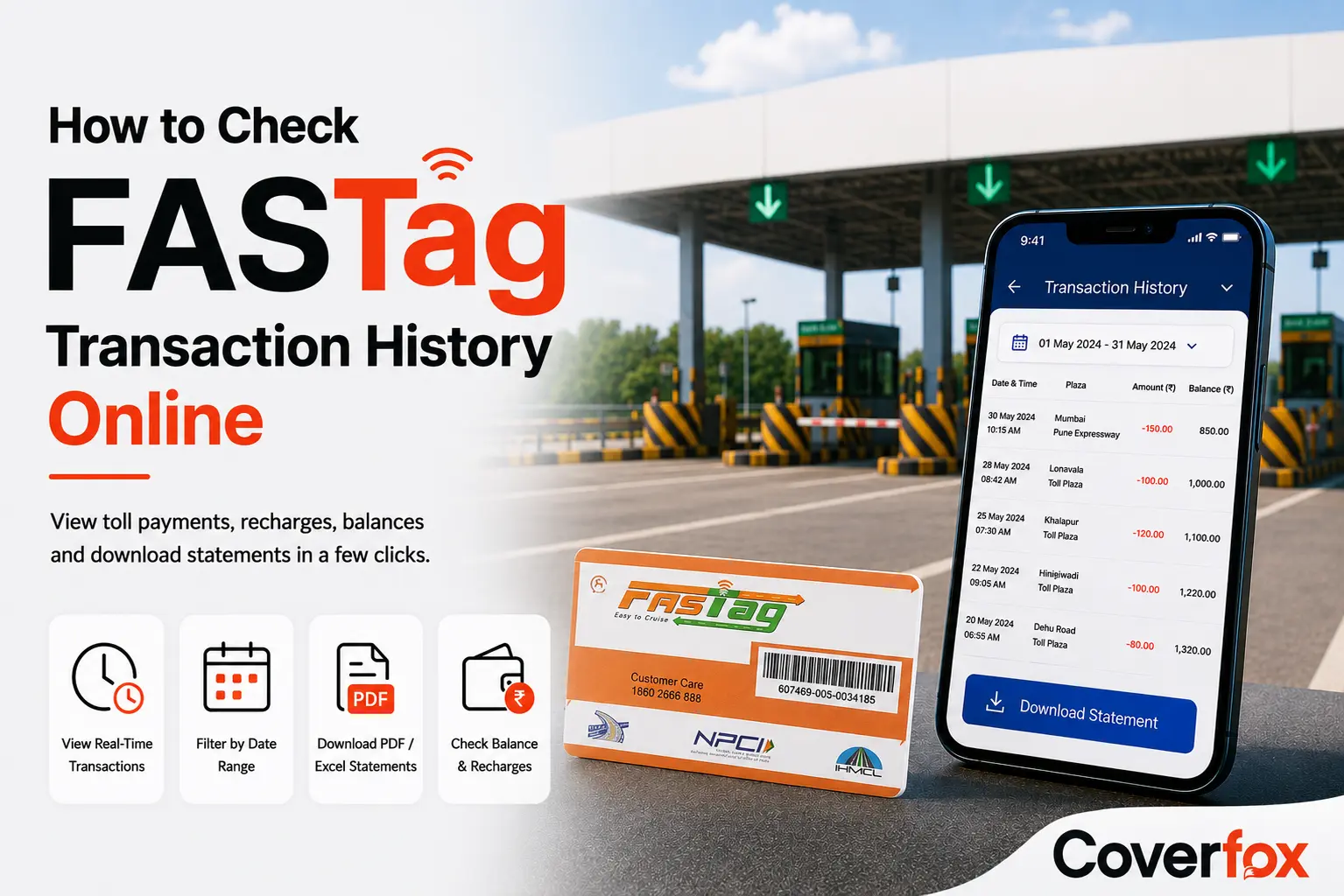 How to check FASTag transaction history online, including toll payments, transaction details, balance checks, and statement downloads.