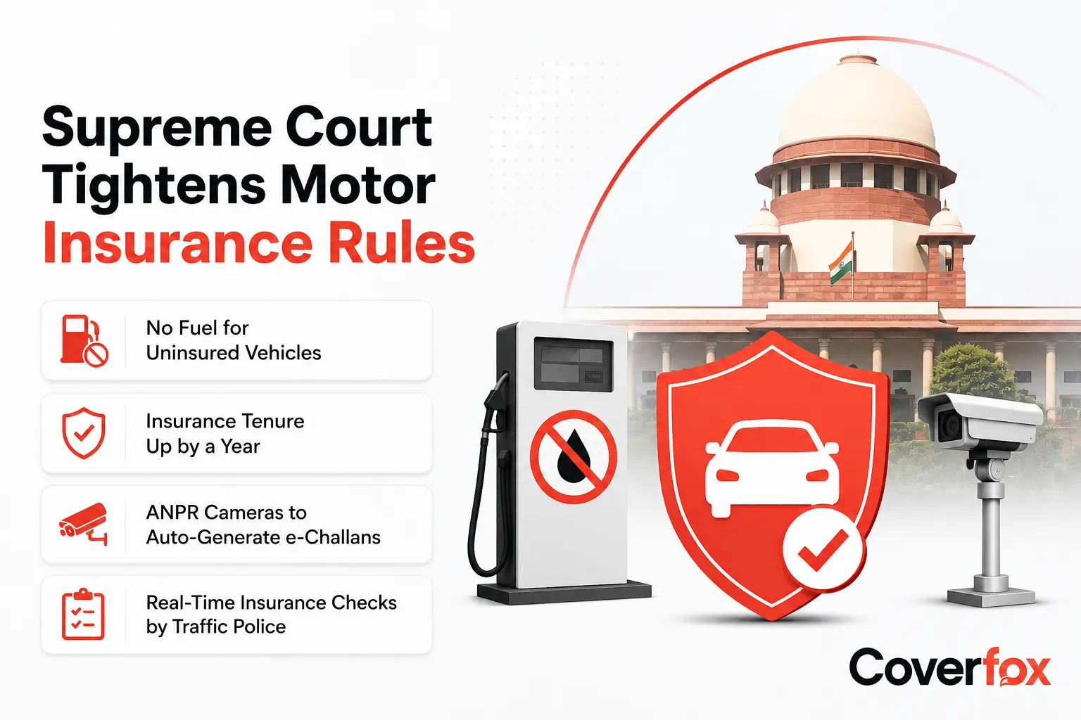 Supreme Court orders stricter motor insurance enforcement with proposed fuel denial for uninsured vehicles, longer third-party insurance tenure, and ANPR-based e-challans in India.