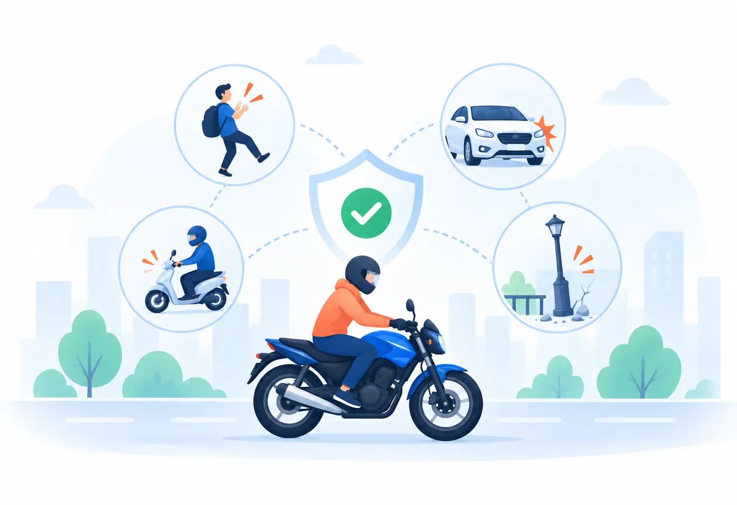 Illustration of a bike rider and a pedestrian after a collision, showing that third party bike insurance pays the other person, not for your own bike